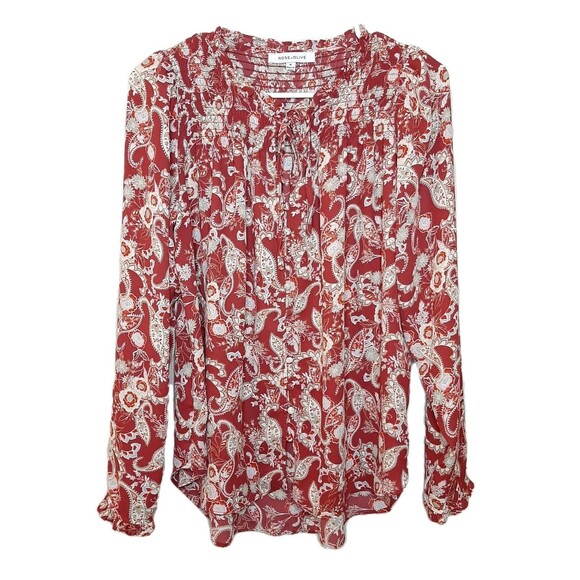 Rose & Olive Tops - Rose + Olive Blouse Red Women Size M Boho Tassels Paisley Long Sleeve Button Up